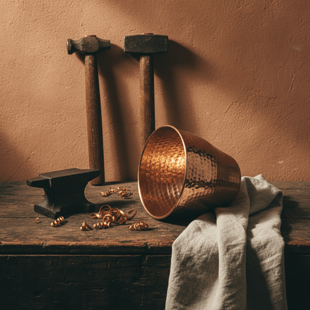 An artisan coppersmith's workbench — half-finished vessel, hammers, linen