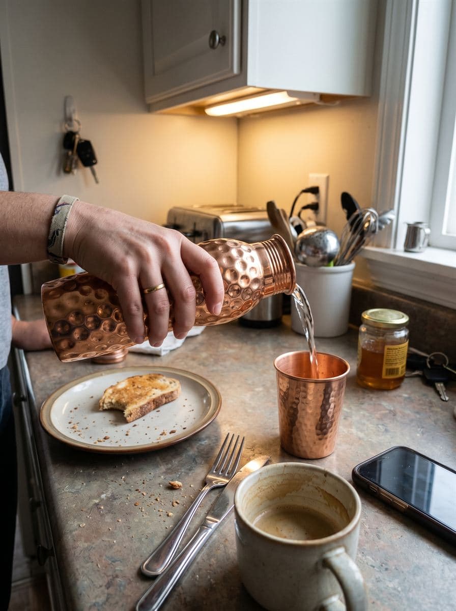 Pouring water from a copper bottle into a copper cup on a morning kitchen counter
