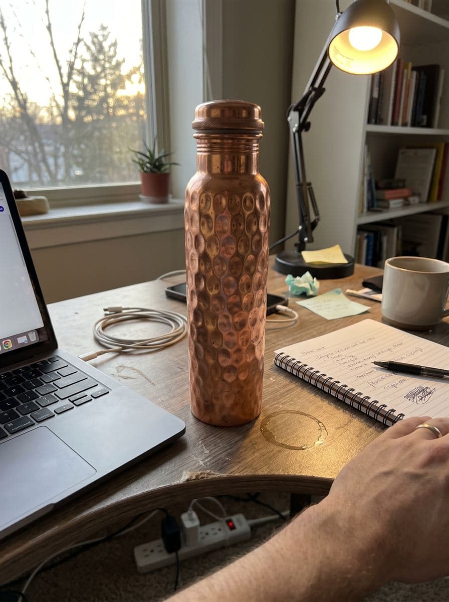 A copper water bottle on a work-from-home desk