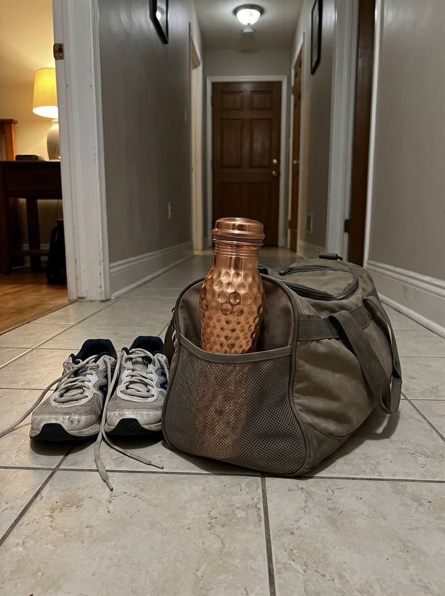 The curved copper water bottle in a bag, ready for the day