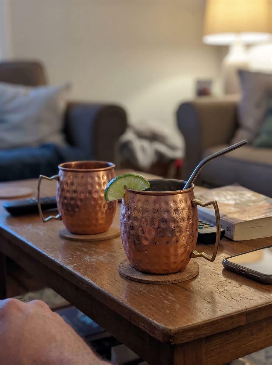 Two copper mule mugs on a coffee table in the evening