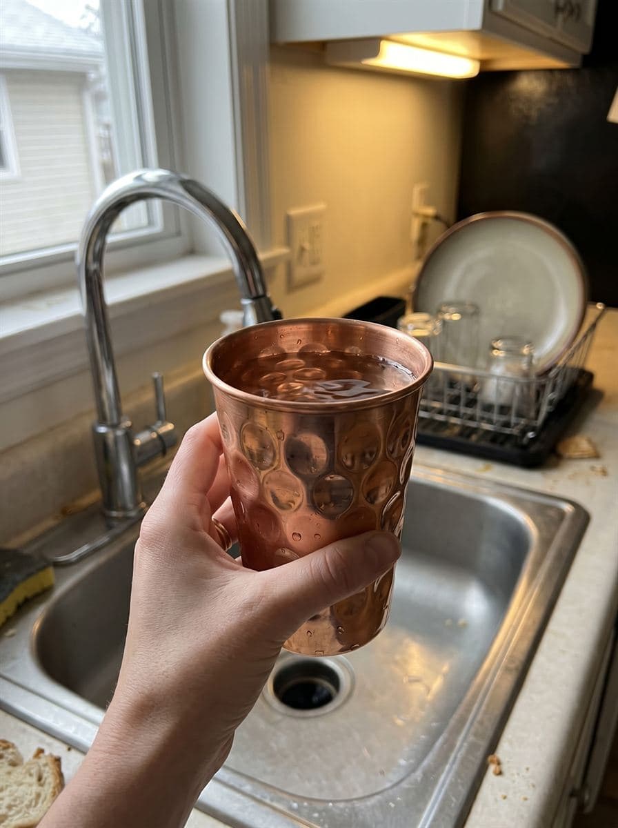 A hand lifting a tall copper tumbler of water at the sink