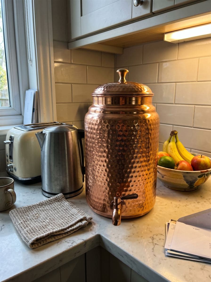 The 4-litre copper water dispenser on a kitchen worktop