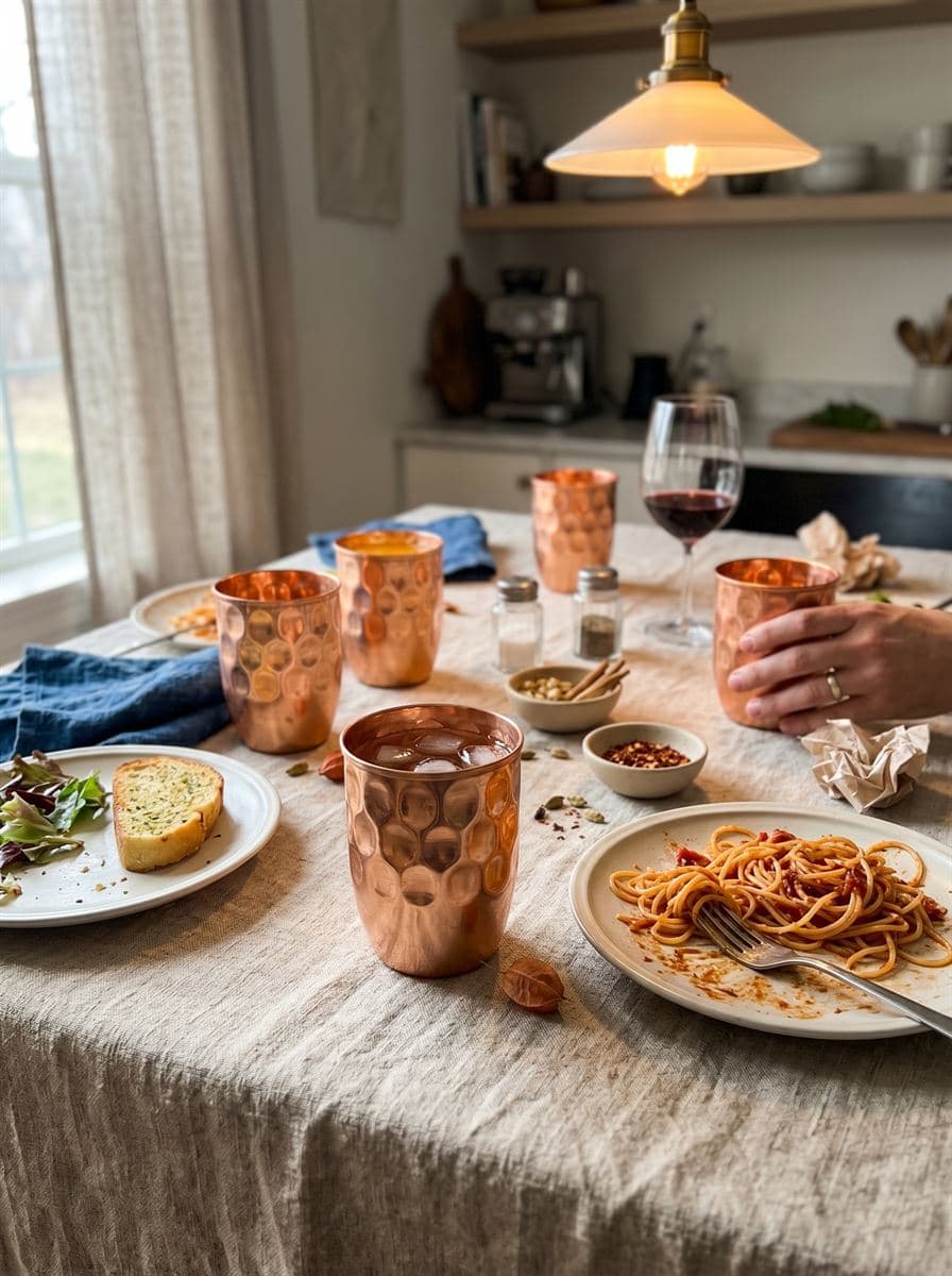 Rounded copper tumblers on a dinner table