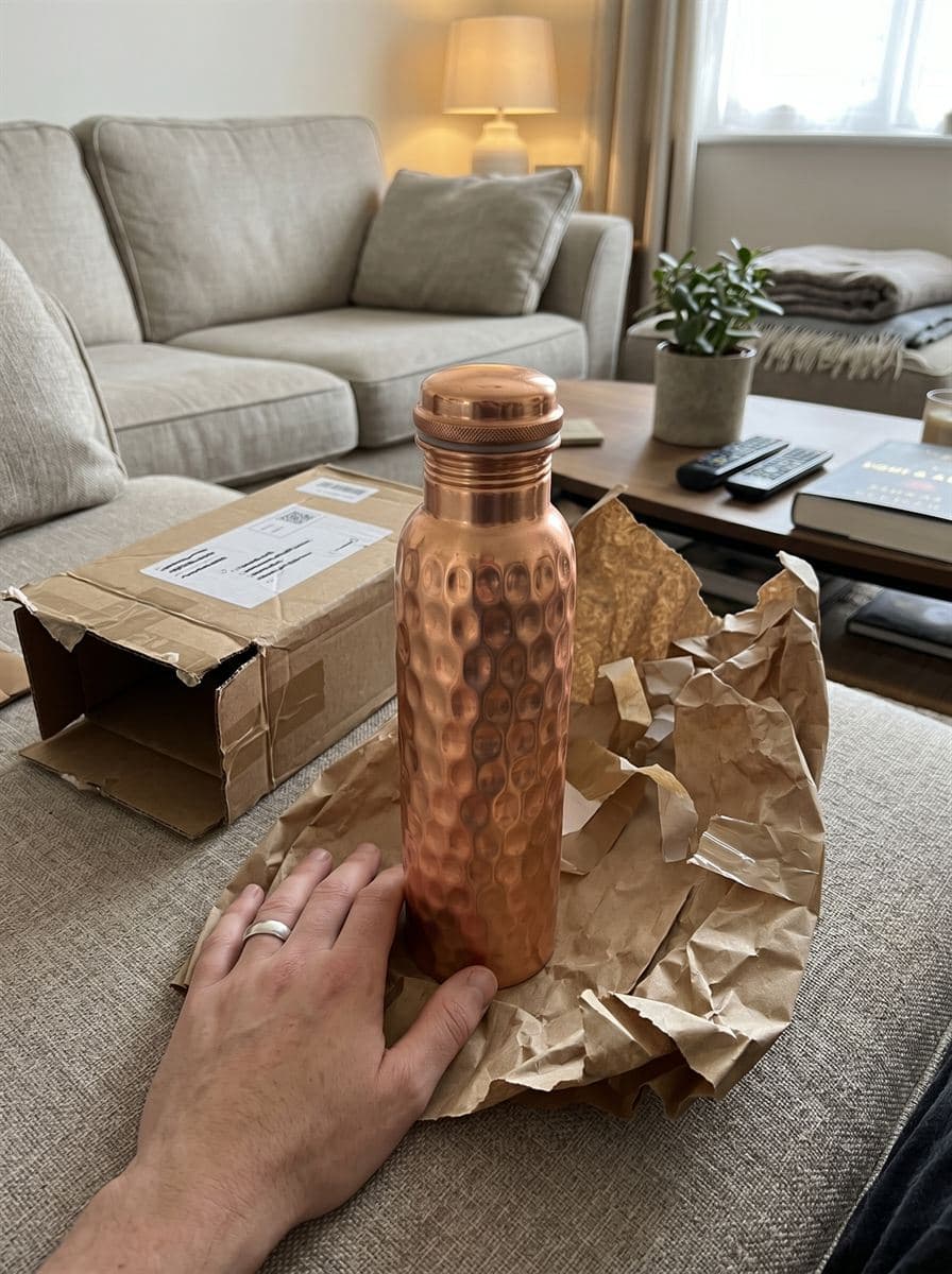 A copper water bottle freshly unwrapped at home