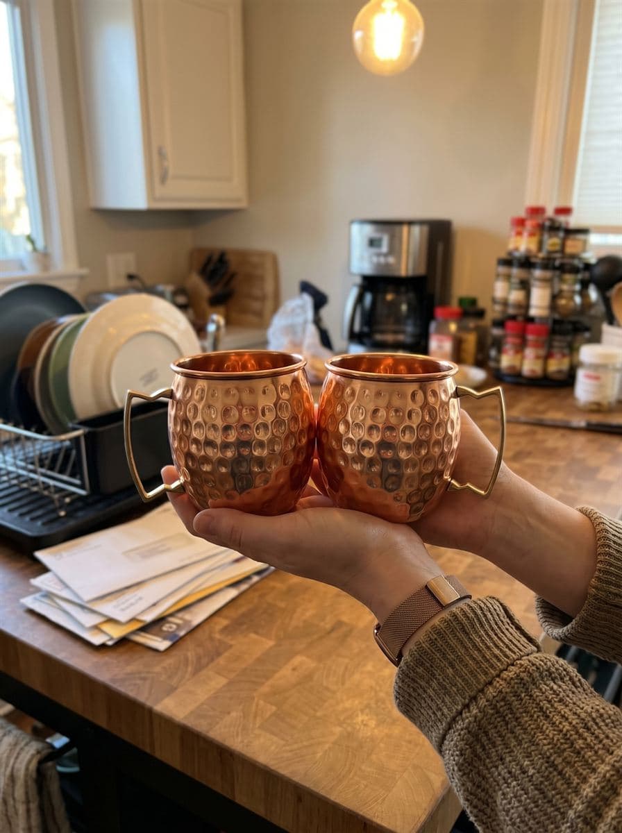 Two copper mule mugs held over a kitchen island