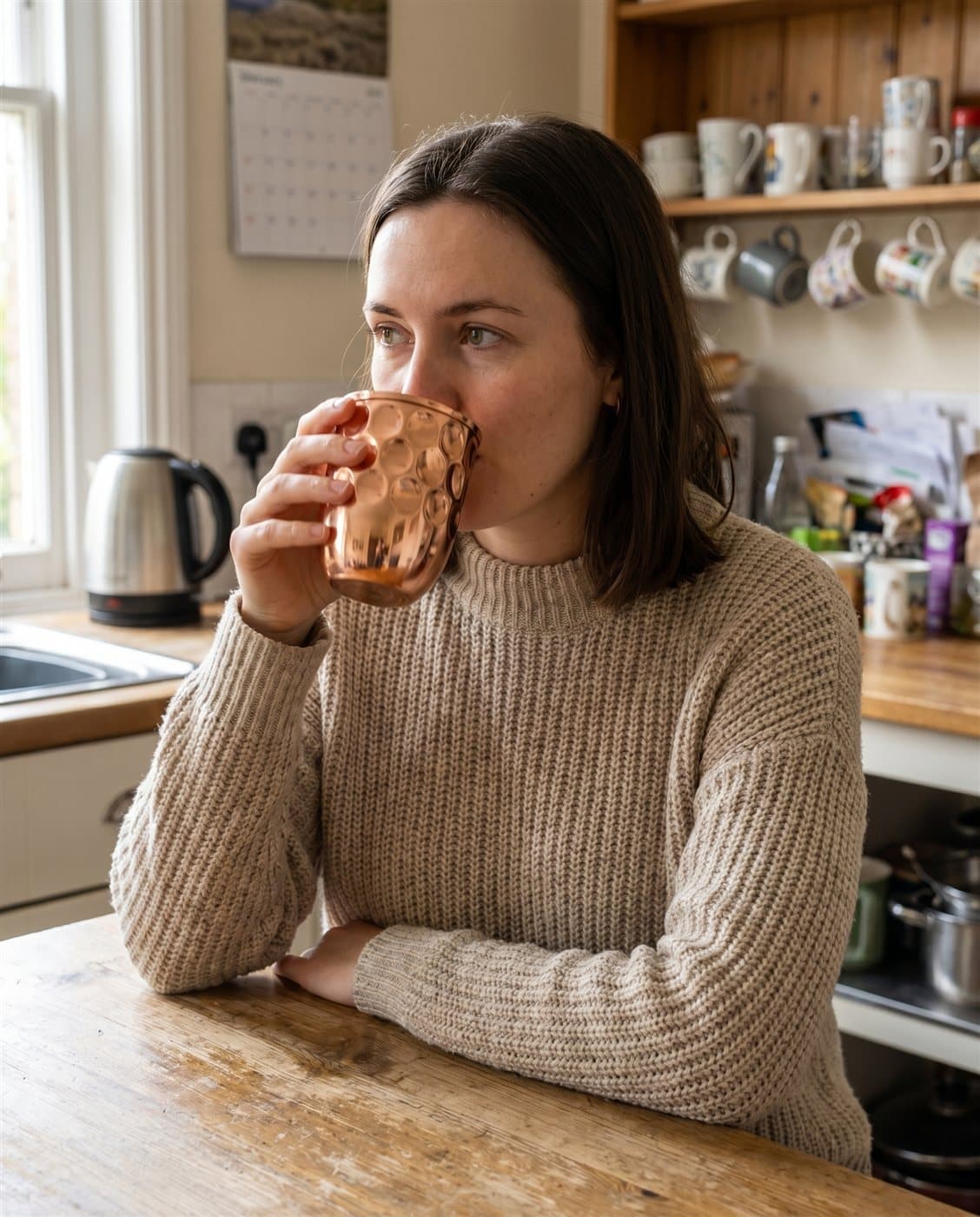 A woman in a knit jumper drinking water from a hammered copper tumbler in her kitchen