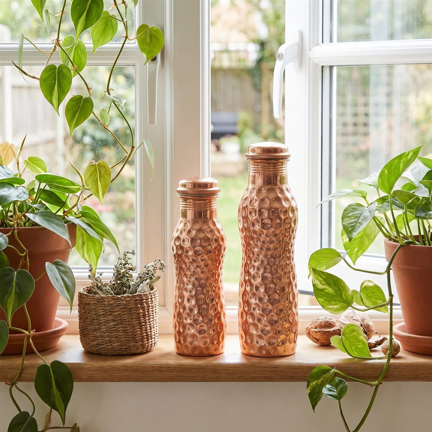 The curved copper water bottle in both 600ml and 800ml sizes on a plant-filled windowsill